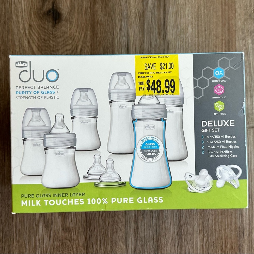 Chicco Duo Deluxe Bottle Gift Set – Glass-Lined Anti-Colic Baby Bottles NEW